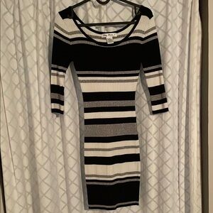Say What? Black and Silver Bodycon Dress Scoop Neck 3/4 Sleeve